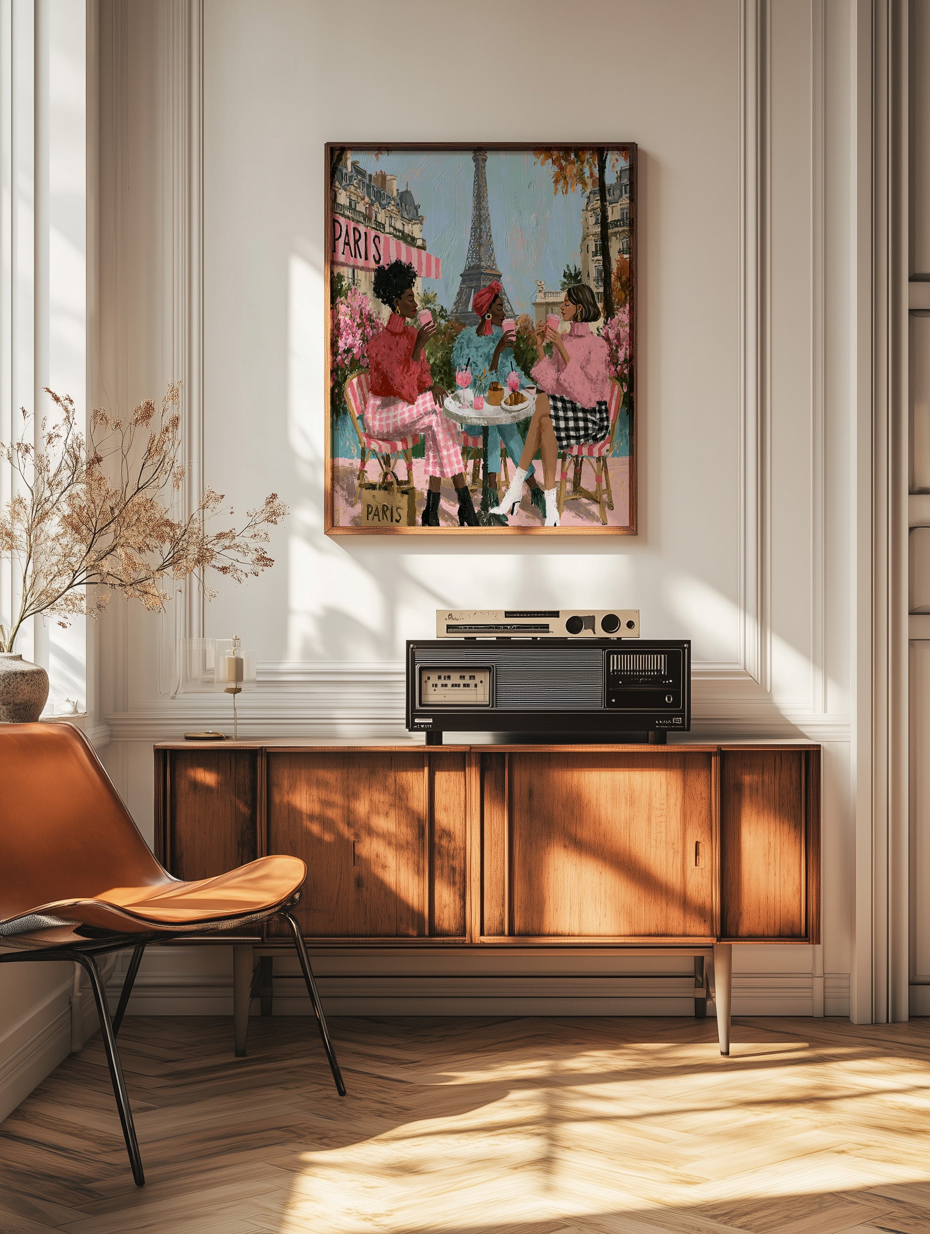 Fashion-inspired Paris wall art with friends seated at an outdoor café beneath the Eiffel Tower.