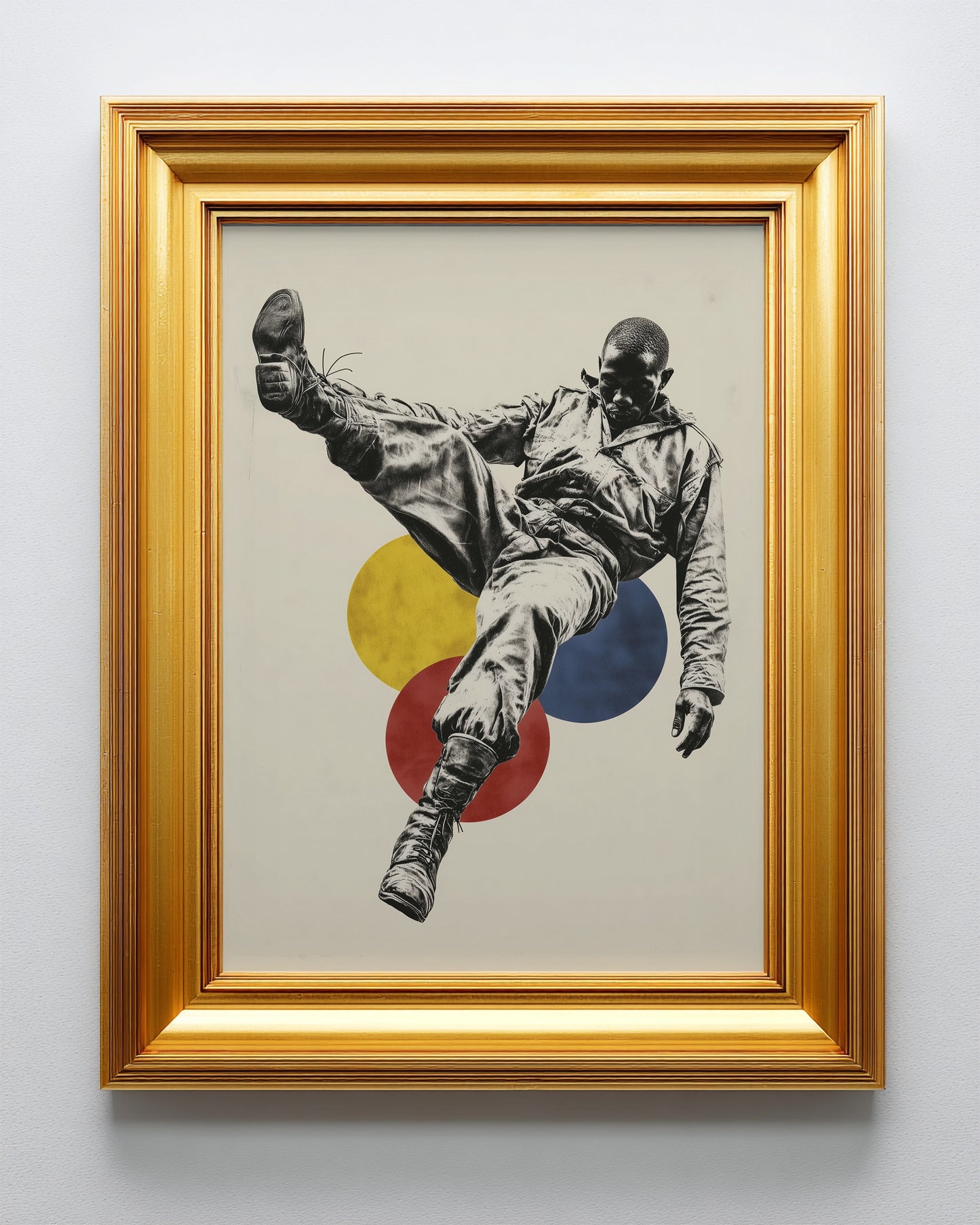 Modern wall art showing a black and white figure suspended in motion above overlapping geometric circles in red, yellow, and blue.