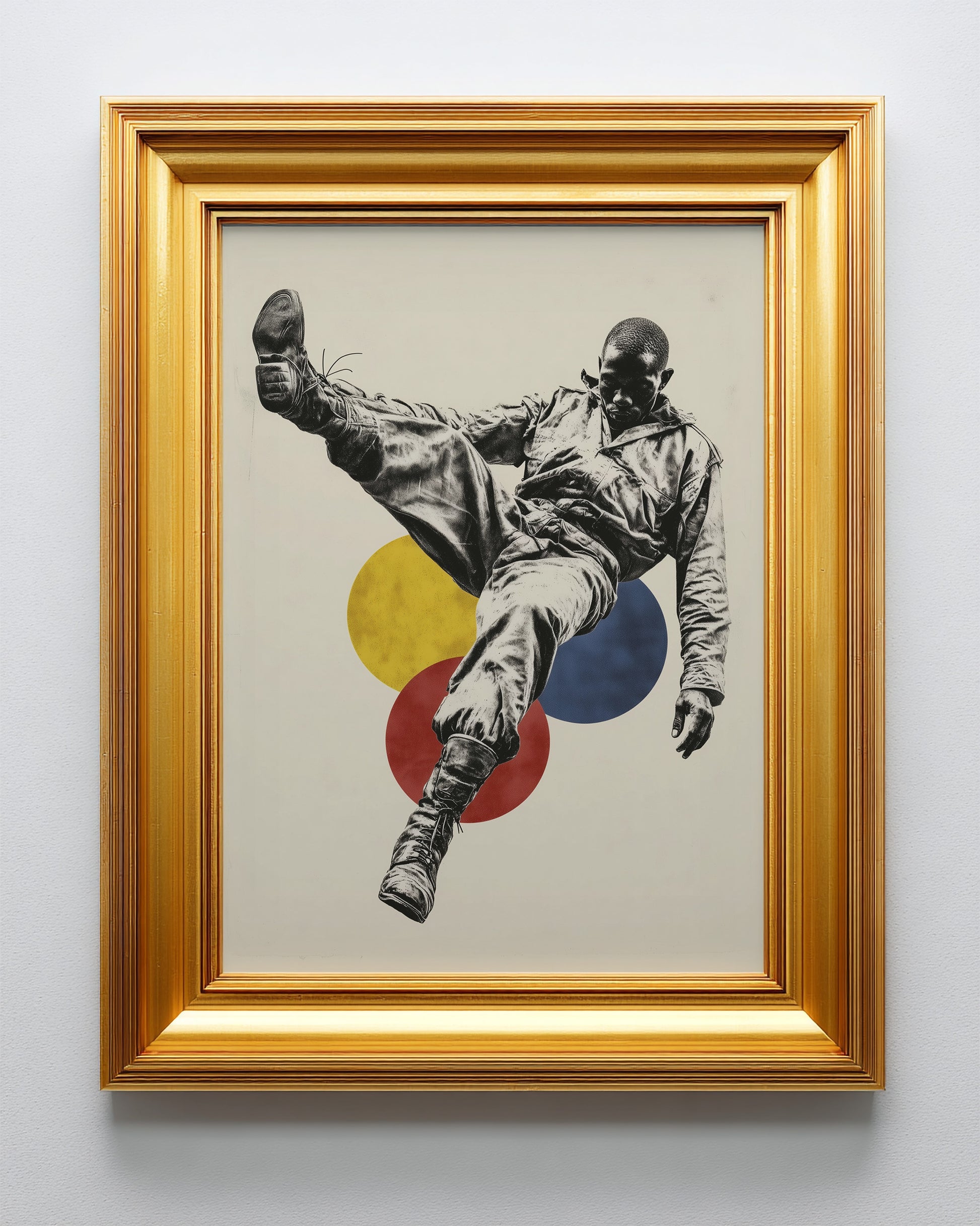 Modern wall art showing a black and white figure suspended in motion above overlapping geometric circles in red, yellow, and blue.