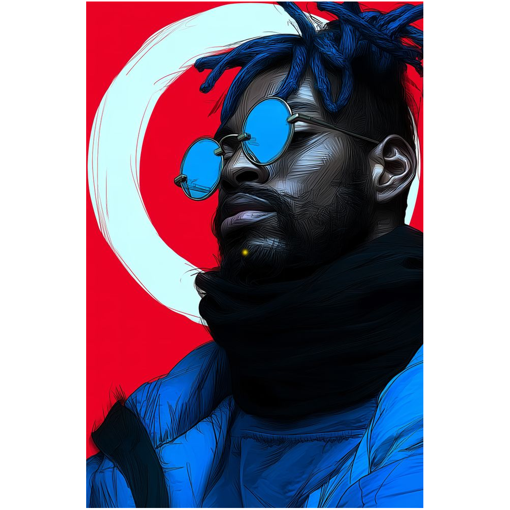 Statement wall art print with a close-up Black man portrait, bright blue glasses, dark scarf, and modern red and white composition.