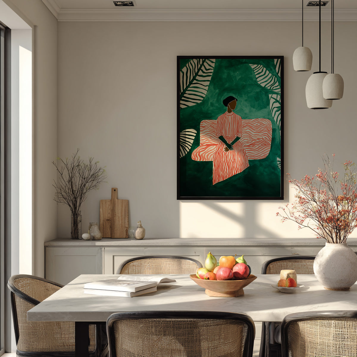 Modern figurative Black art print in emerald green, coral and cream with oversized tropical leaves.