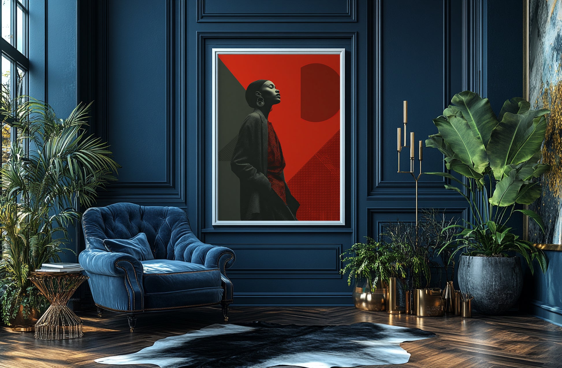 Bold black woman statement print featuring dramatic shadow, red patterning, and modern geometric composition.