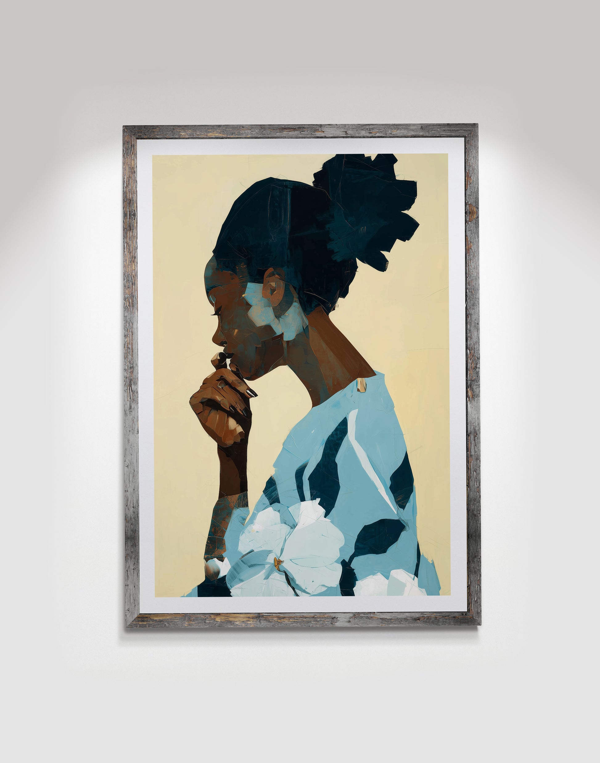 Contemplative Black woman wall art print featuring a profile portrait with a hand near the lips and soft blue floral accents.