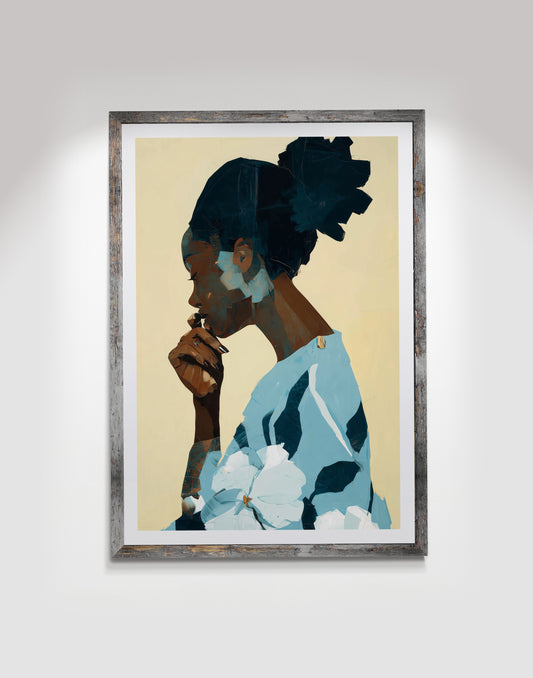 Contemplative Black woman wall art print featuring a profile portrait with a hand near the lips and soft blue floral accents.