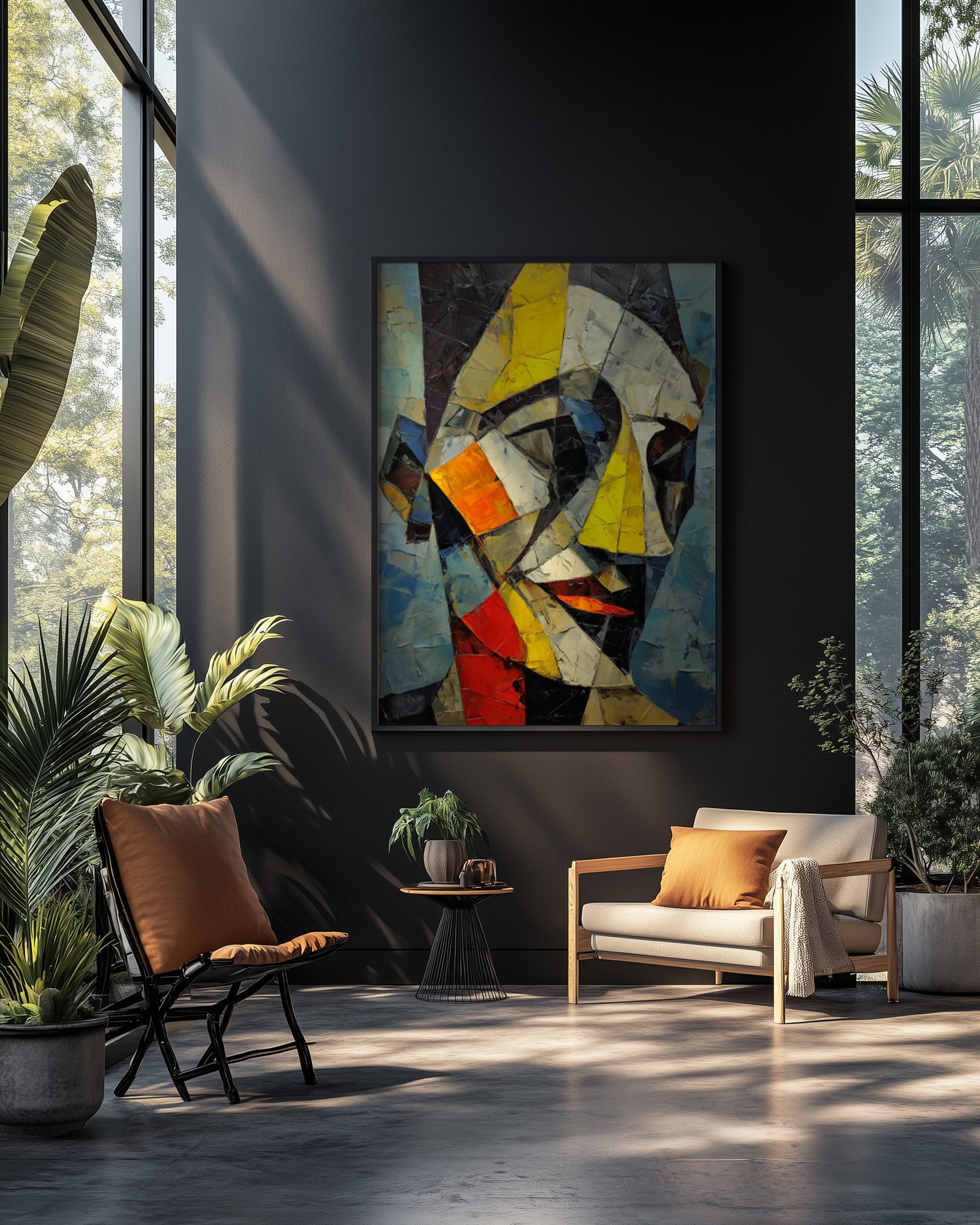 Framed cubist-inspired portrait print with angular planes and expressive yellow, blue, black, and red details.