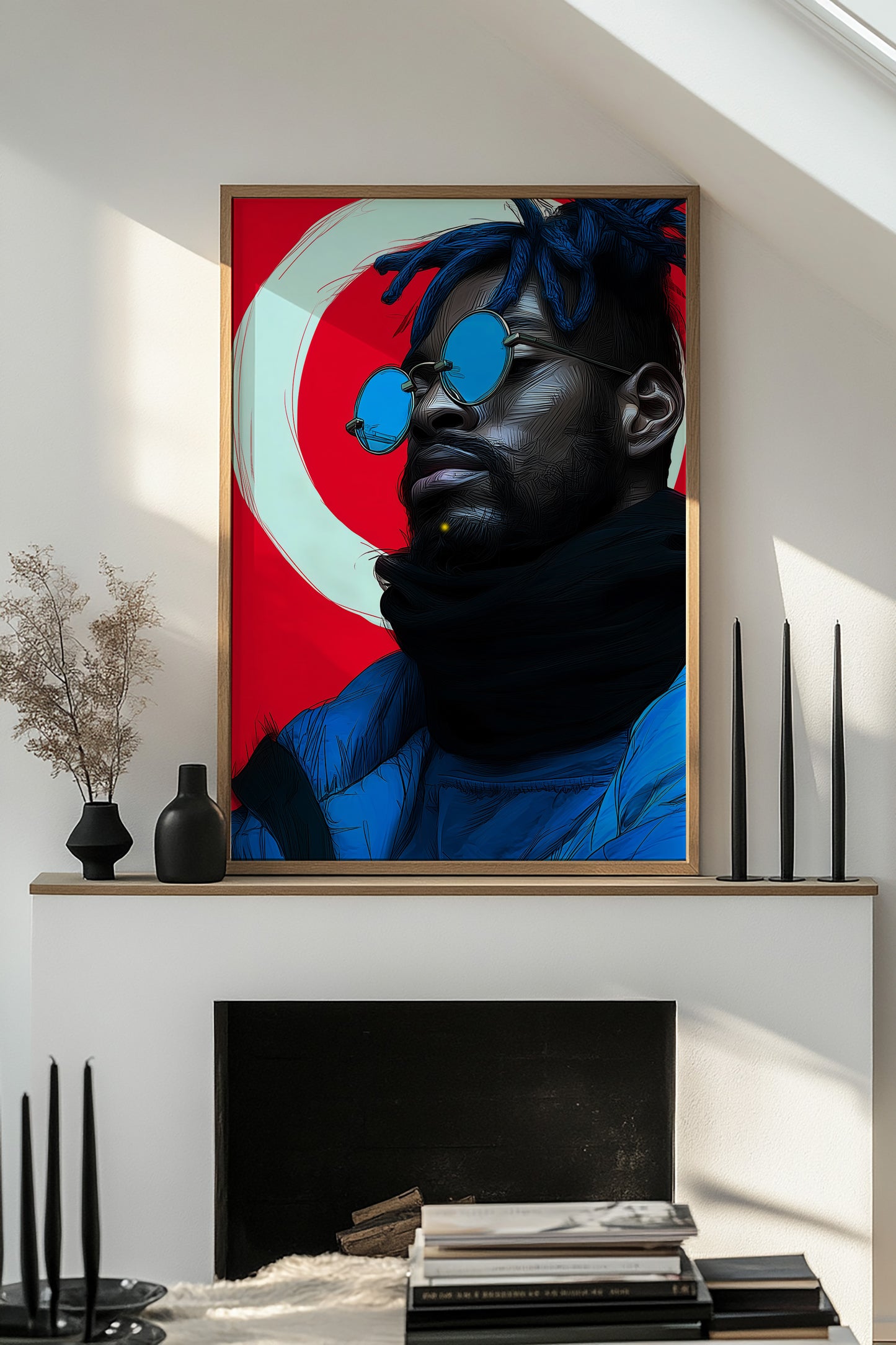 Contemporary black wall art showing a stylish Black man portrait with deep shadows, blue jacket, and white circular accent.