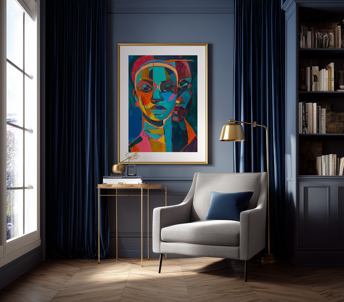 Modern Black wall art featuring a colorful female portrait composed of layered geometric forms.