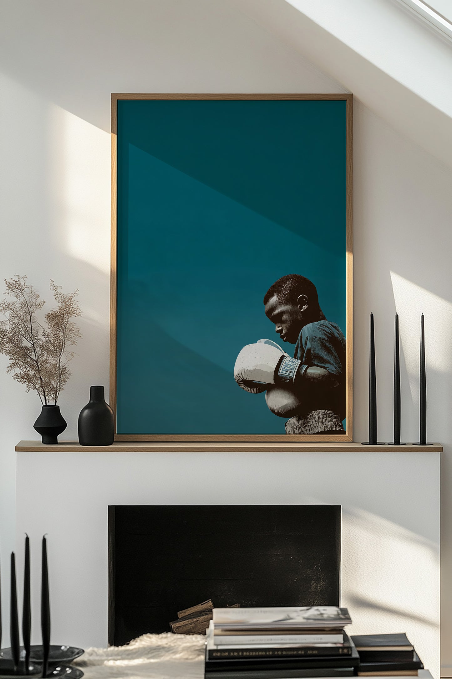 Framed artwork of a boxer on a wall above a fireplace.