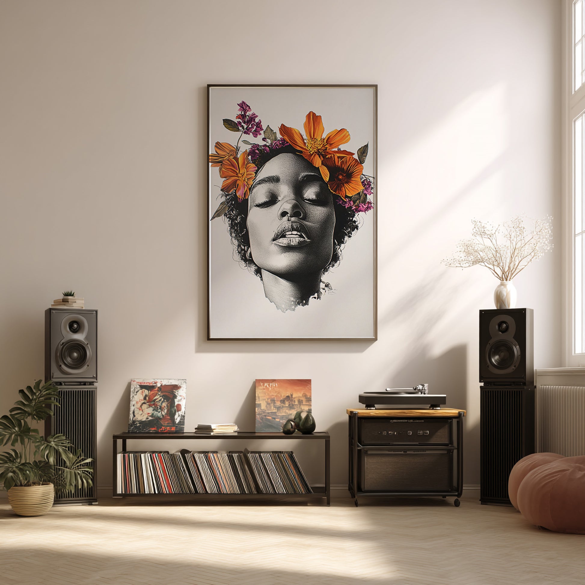 Modern living room with a decorative wall art of a woman with flowers in her hair, speakers, and a record player.