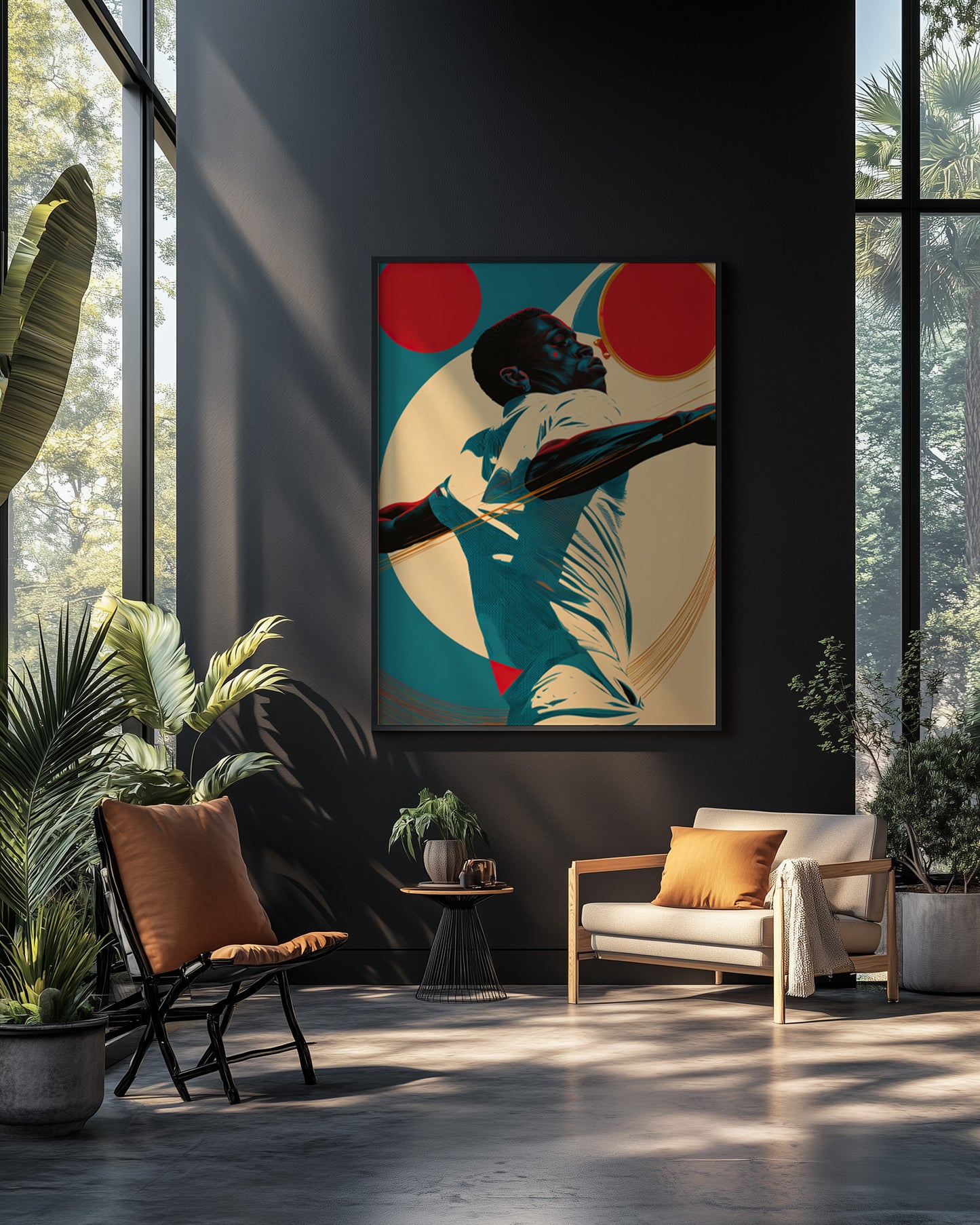 Black golfer wall art print featuring a man mid-swing with bold red circles, teal shadows, and cream graphic shapes.