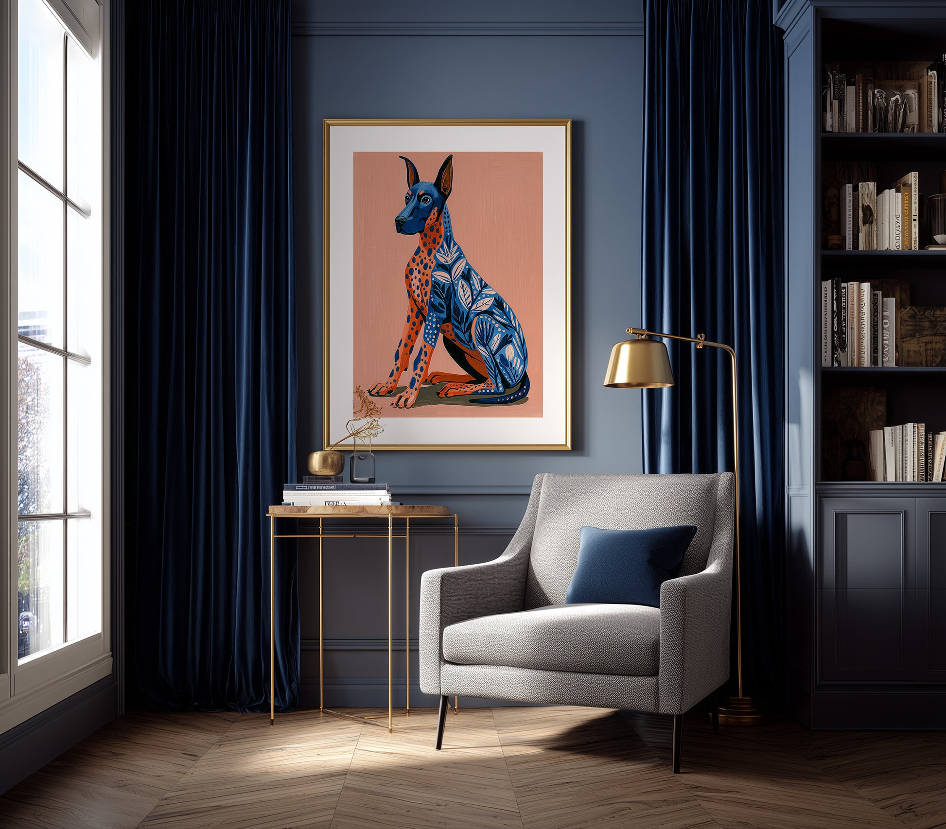 Stylized pet portrait print with a blue and orange dog, floral details, and a soft coral backdrop.