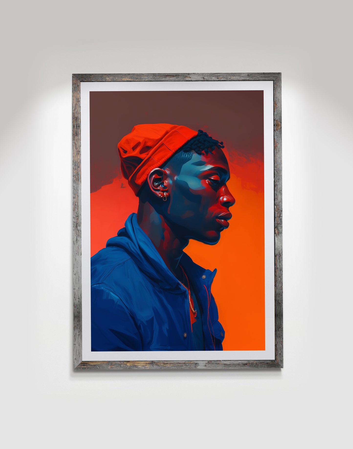 Black man profile wall art print featuring a red beanie, blue jacket, and vivid orange background.