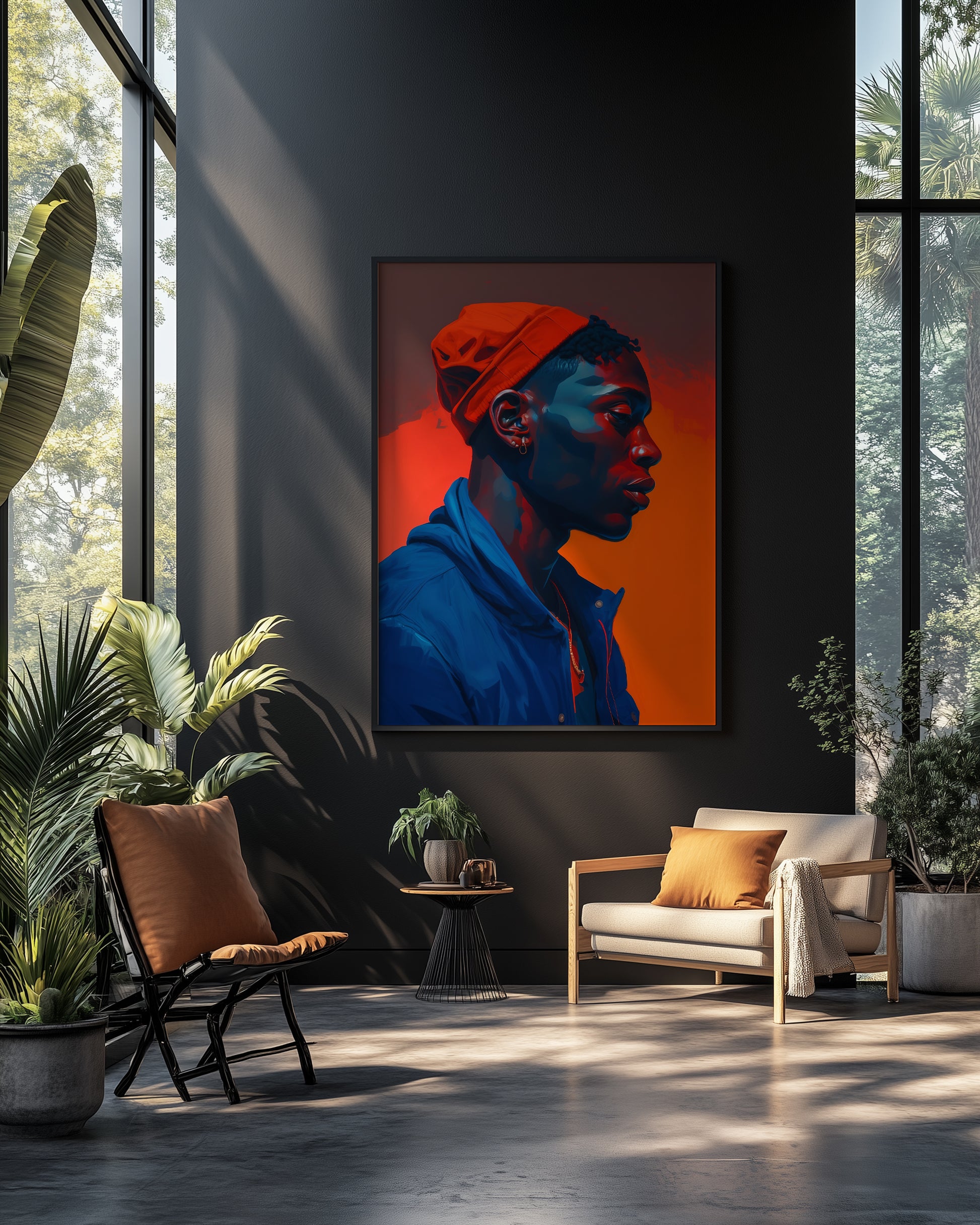 Contemporary black wall art showing a side-facing male portrait with dramatic blue shadows and red-orange highlights.