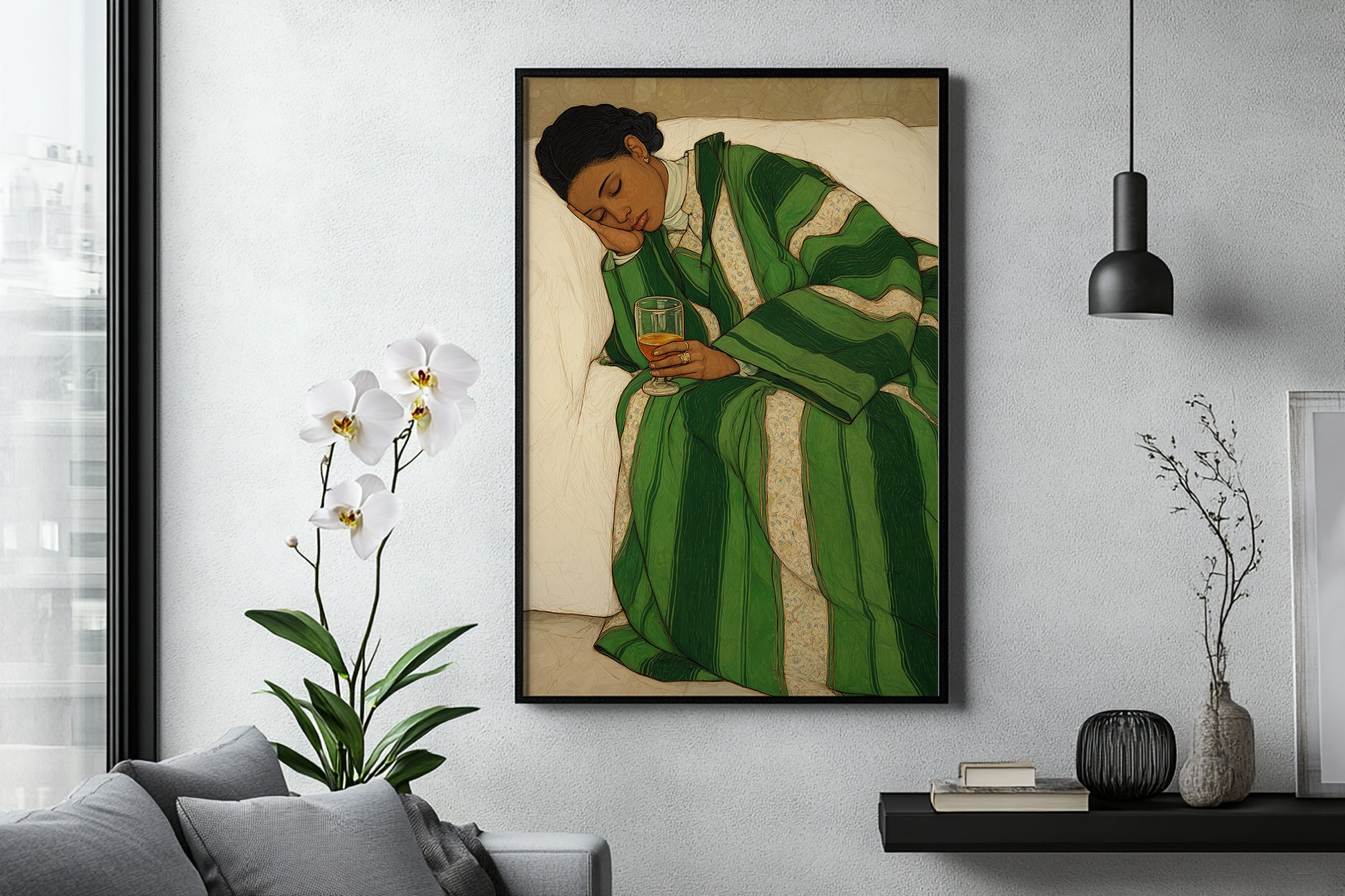 Contemporary black art print showing a peaceful woman with closed eyes holding a glass while resting on a sofa.