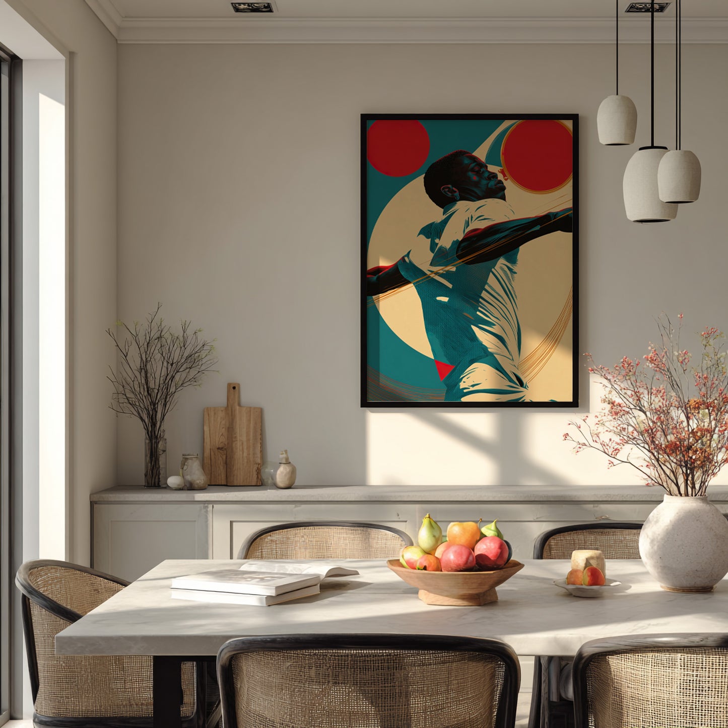Graphic golf wall art print featuring a focused player in a white shirt with red, teal, and cream modern design elements.
