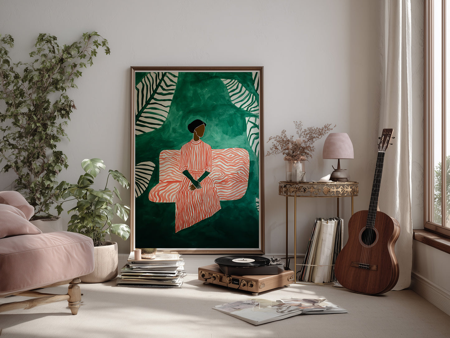 Living room with a large framed artwork, guitar, and record player.