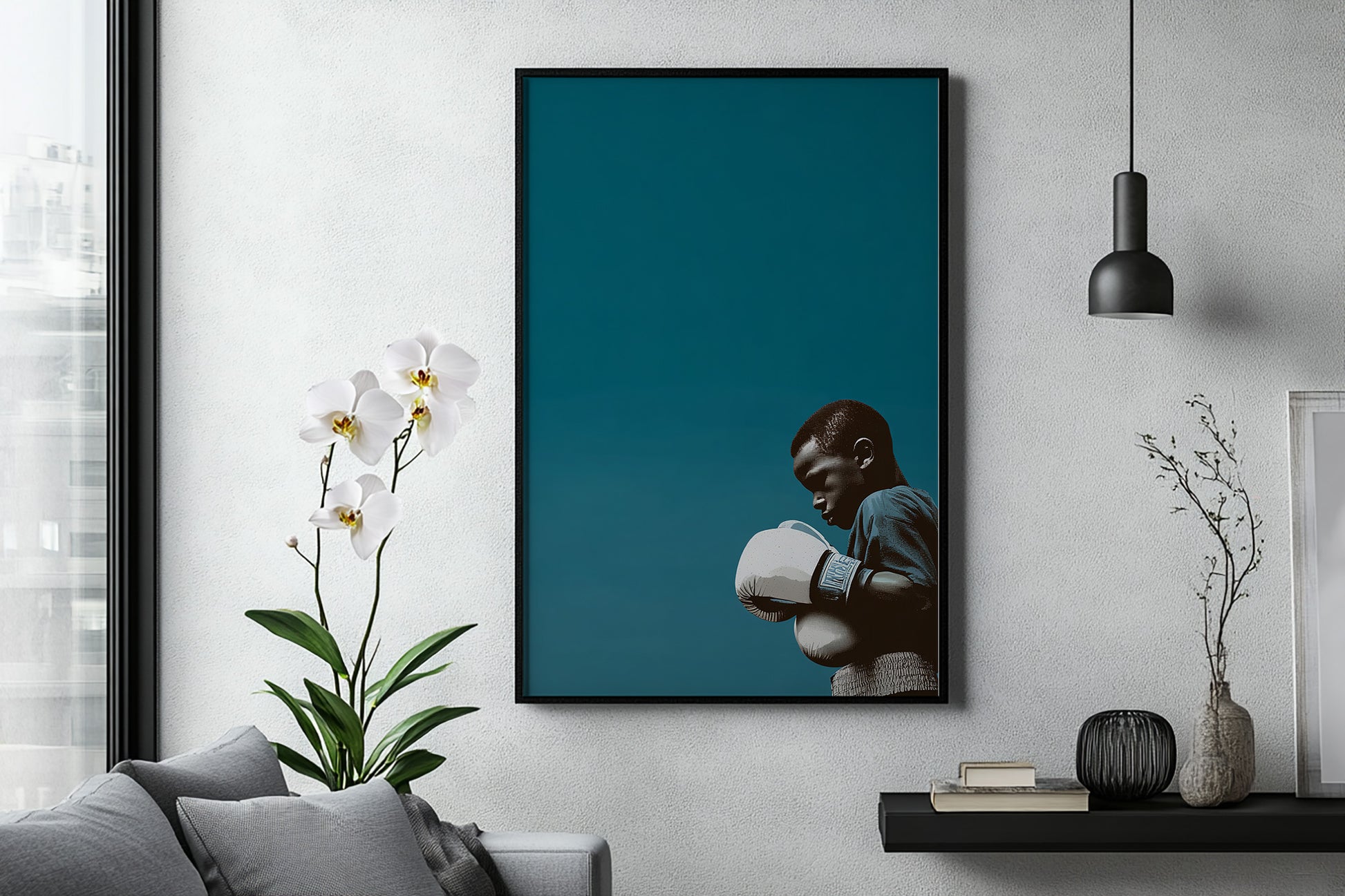 Framed artwork of a boxer on a wall in a modern living room.