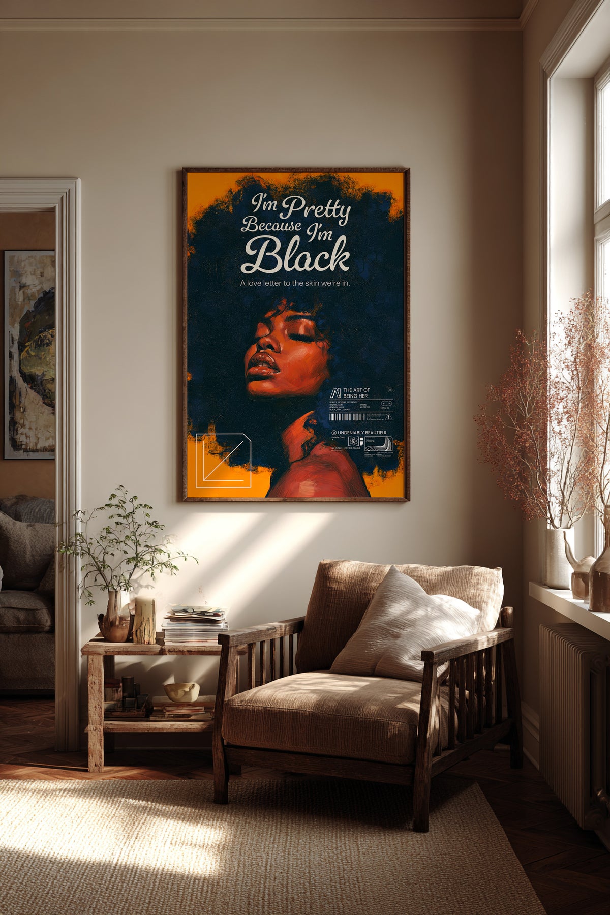Illustrated portrait of a Black woman with closed eyes against a textured navy and orange background, featuring the words "I'm Pretty Because I'm Black" and "A love letter to the skin we're in."