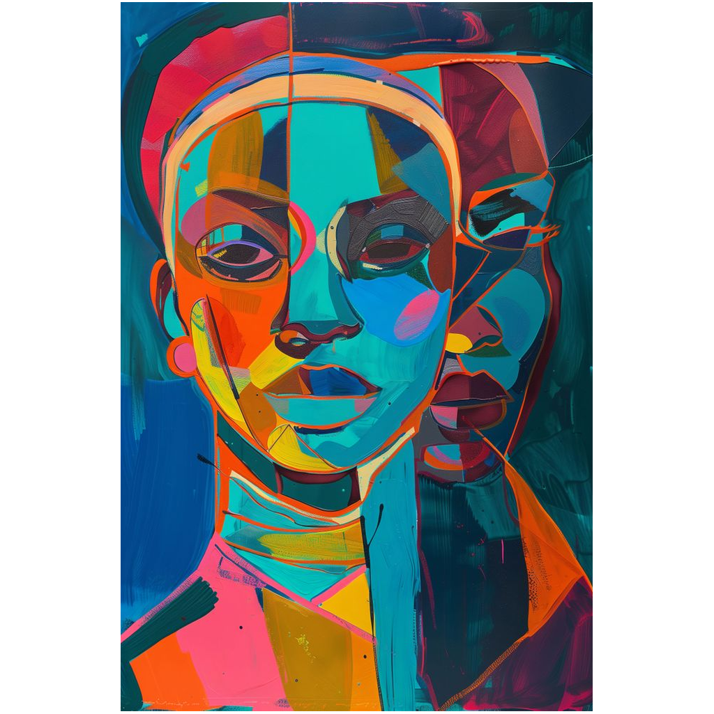 1. Vibrant abstract Black woman portrait print with turquoise, orange, blue, pink and burgundy details.