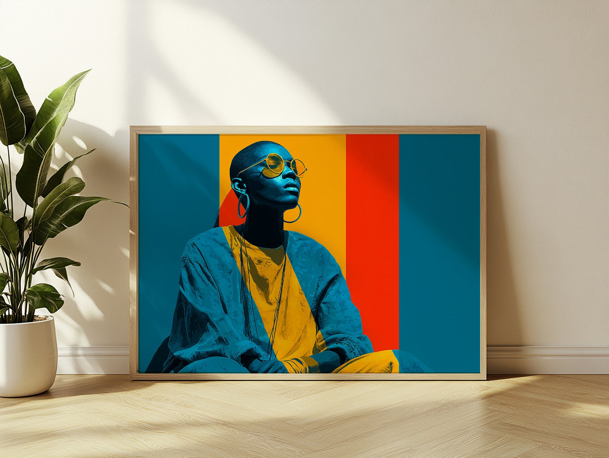 Modern African American portrait art with a stylish Black woman in round yellow glasses against teal, red, and gold geometry.